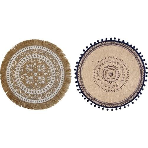 Printed Flower Cotton Woven Linen Placemat Table Mat Flower Mat Insulation Non-slip Tassels Kitchen Art Decorative Bowl Mat