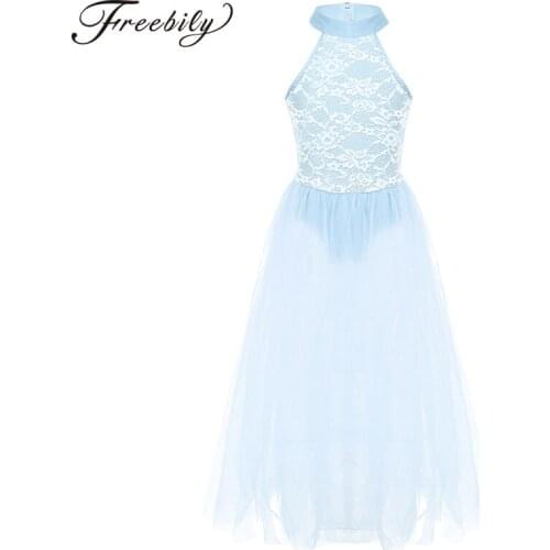 Kids Girls Sleeveless Backless Floral Lace Dance Maxi Dress Ballerina Stage Lyrical Dance Costume Leotard Mesh Tutu Long Dress