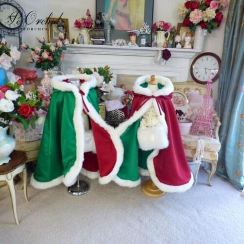 PEORCHID Full Length Flower Girl Cape With Hooded Kids Wedding Cloak Faux Fur Little Girls Satin Christmas Child Cloak Jacket