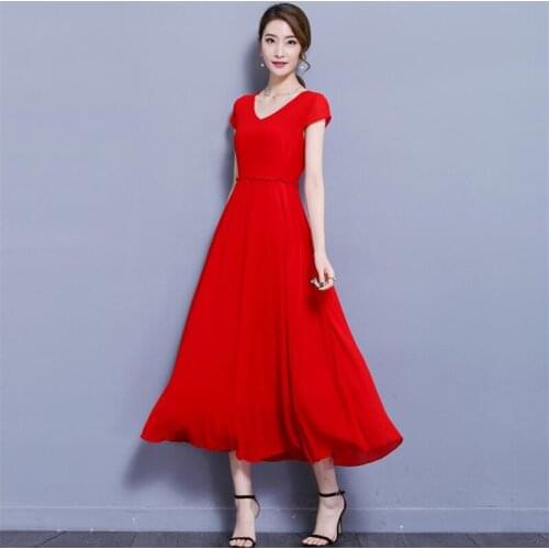 Elegant Solid Color Chiffon Women Dresses Vestidos A-Line Business Women Party High Waist V-neck Maxi Femme Dress Plus Size 7XL