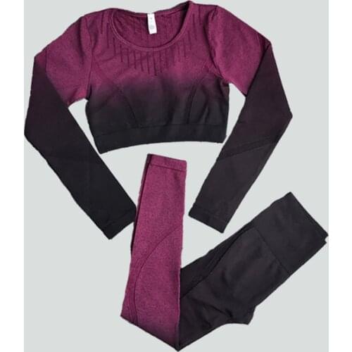 2 Piece Set Women Seamless Ombre Yoga Set Workout Long Sleeve Crop Top Training Leggings Gym Clothing Fitness Sportswear Suits