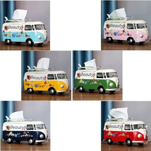 Retro Car Tissue Box Flower Bus Model Figurines Napkin Paper Organizer Holder Ornaments Living Room Home Decorative