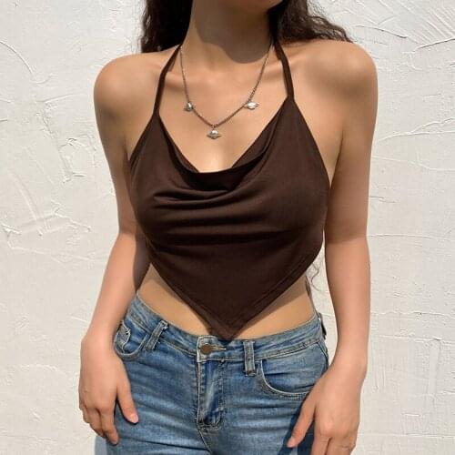 Brown Y2k Crop Top Halter Camis 2021Summer Clothes For Women Fashion Backless Corset Girls Shirt Female Party Tee Streetwear