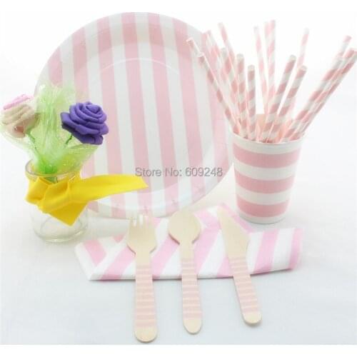 Printed Striped Baby Pink Party Tableware Set,Personalized Dinner Party Wooden Cutlery Set,Paper Straws,Napkins,Plates,Cups