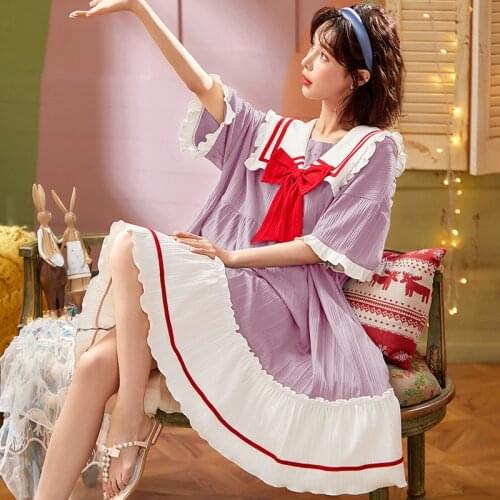 Nightdress Womens Summer Cotton Short-Sleeved Korean Cute Sweet Cartoon Knitted Women 's Loose Thin Leisure Tops