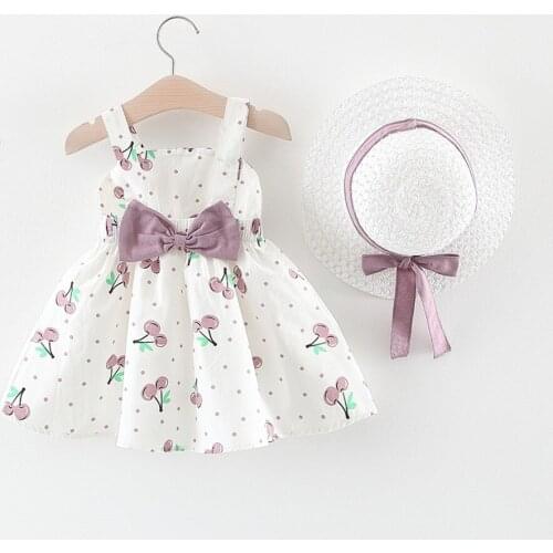 Dresses For Girls Toddler Baby Summer Kids Girls Clothes Sleeveless Cherry Dot Princess Dress +Bow Straw Hat Outfits vestido W