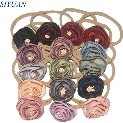 40pcs/lot DIY Boutique Elastic Nylon Headband with Vintage Satin Burned Flower Chic Headwear for Girl FD280