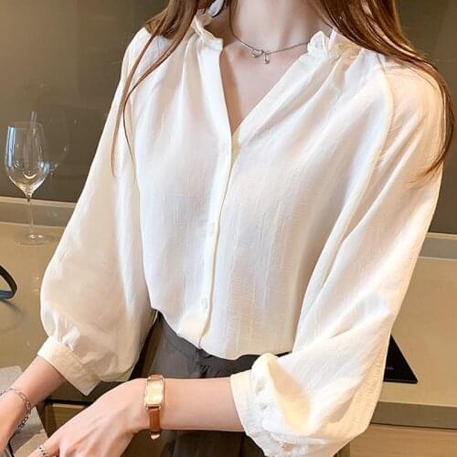 COIGARSAM 4XL Plus Size Office Lady Shirt Womens tops New Spring Three Quarter Sleeve Solid Chiffon Loose Women shirts Apricot
