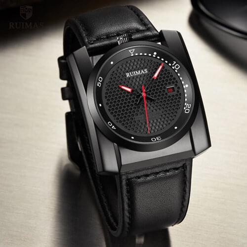 RUIMAS Luxury Automatic Watches Men Square Dial Analogue Mechanical Watch Black Leather Wristwatch Relogios Masculino Clock 6775