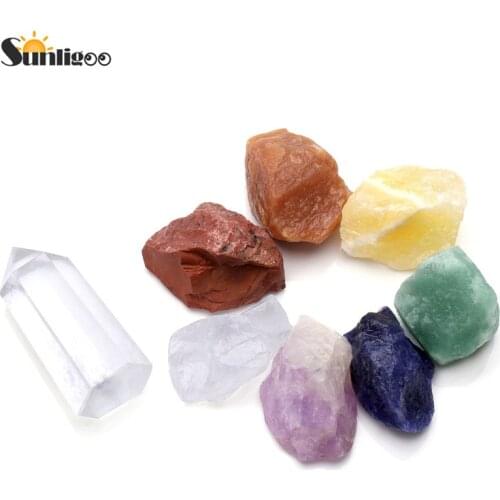 Sunligoo 7 Chakra Reiki Healing Yoga Meditation Balance Irregular Rough Gemstones Kit And Natural Raw Clear Quartz Wand Therapy