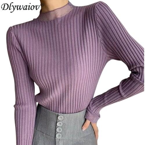 Womens bottoming Sweater winter new half-high neck mesh splice trumpet sleeve knit sweater casual sweater Fall 2021 Pull femme