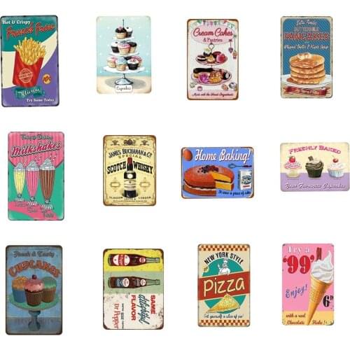 Wine/Ice-cream/Pizza/Dessert Shabby Chic Tinplate Signs Metal Painting Tin Brand Iron Art Wal Kitchen Bar Dessert Shop Decor