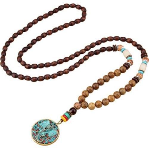 Vintage Ethnic Nepal Buddhist Mala Long Necklace Wood Beads Buddha Statement Elephant Pendants Necklaces Women Men Dropshipping
