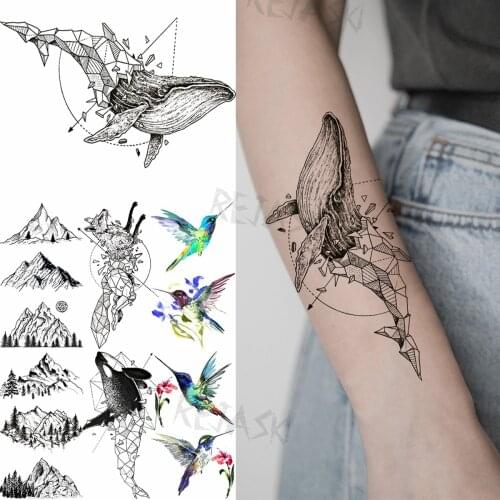 Little Geometric Whale Temporary Tattoos For Women Adult Mountain Woods Hummingbird Realistic Fake Tattoo Fashion Washable Tatoo