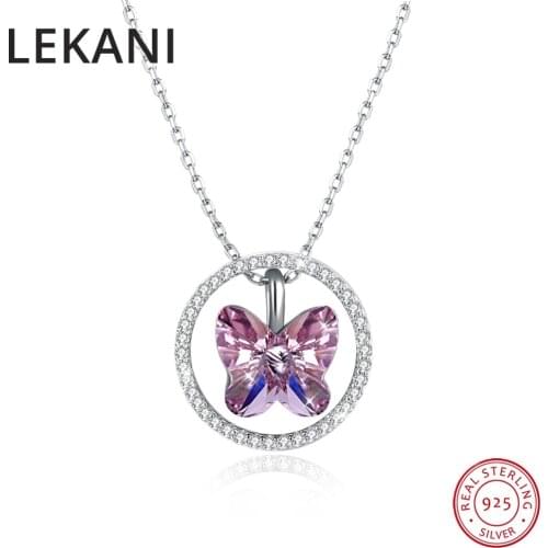 LEKANI Crystals From Swarovski Fine Jewelry For Women S925 Silver Butterfly Circle Pendant Necklaces Versatile 3 Styles Jewelry