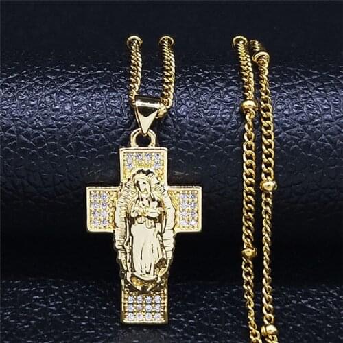2020 Virgin Cross Zircon Copper Stainless Steel Chain Necklace Women Gold Color Necklaces Jewelry bijuterias femininas N90S05