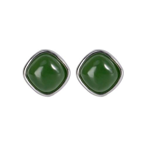 S925 sterling silver natural Hetian jade green jade stud earrings small and simple graceful geometric square womens earrings