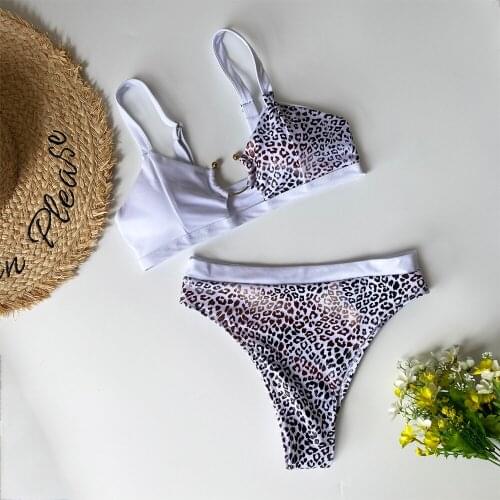 Women Beach Leopard Print Sexy Swimsuit Female Halter White Two Pieces Swimwear