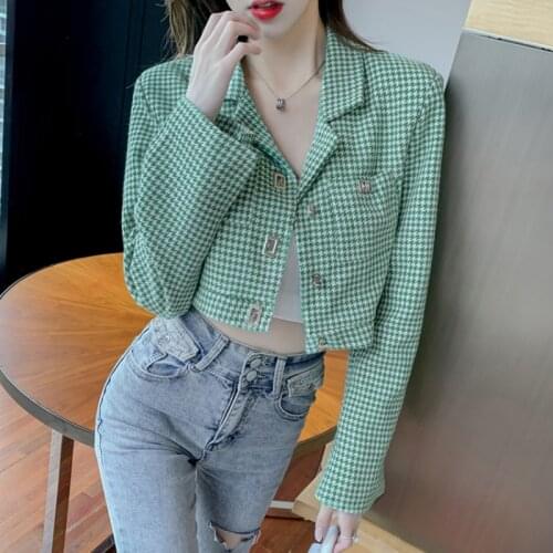 Houndstooth Woolen Short Jacket Women Office Lady Turn Down Collar Blazer Short Coat Spring Autumn Vintage Plaid Korean Chic