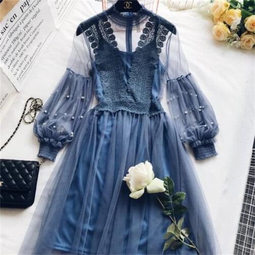 Two Piece 2018 Spring Autumn Women Long Dresses Sweet Beading Floral Lace Dress Female Lantern Sleeve Mesh Dress Vestidos AB1208