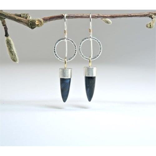 2021 Tibetan Metal Cone Triangle Blue Stone Dangle Earrings For Women Retro Boho Antique Silver Brincos Hanging Drop Earring