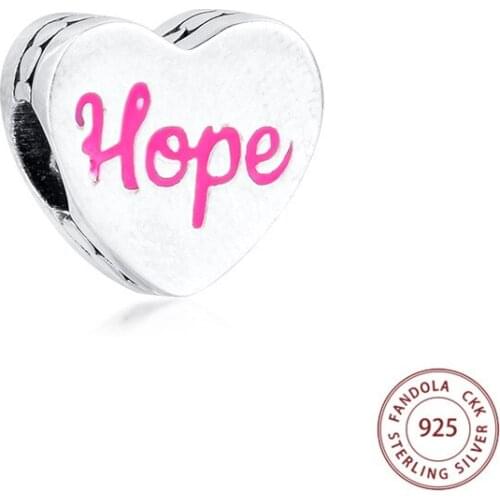 Fit Pandora Bracelet 925 Sterling Silver Hope Ribbon Charms Pink Enamel Heart Beads for Jewelry Making Kralen Berloques