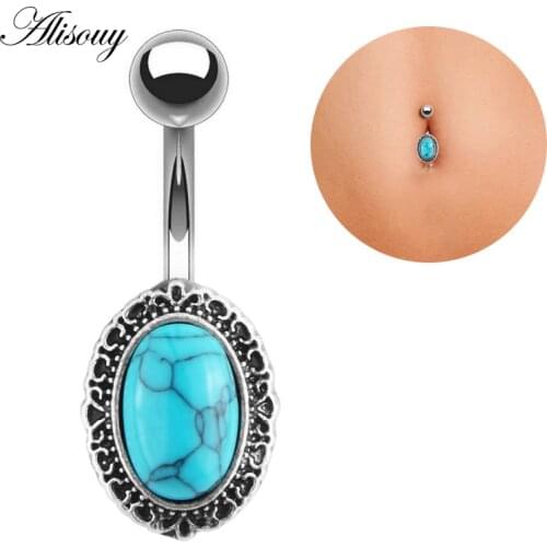 Alisouy 1pc belly jewelry Blue Stone Navel Belly Button Ring Pircing Surgical Steel Belly Piercing Cute Navel piercing nombril