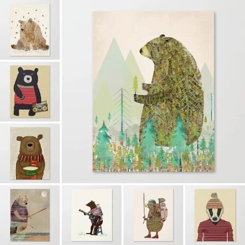 Home Decor Bear Canvas Animal Prints Painting Fishing Poster Wall Modern Art Modular Pictures For Bedside Background Framework