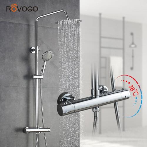 ROVOGO Thermostatic Shower Systems, Shower Faucet Set with 10" Rain Shower Head System Wall Mounted Shower Combo Set Chrome