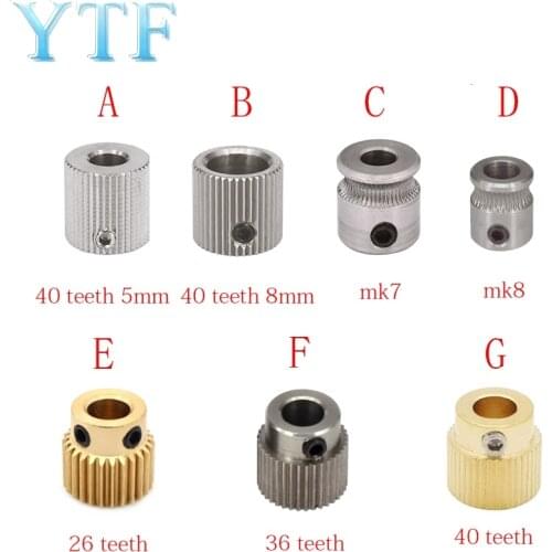 MK7 MK8 Extruder Drive Gear Bore 26/36/40 teeth 5/8mm For 1.75/3.0mm Teeth Brass Stainless Steel Drive Feeding