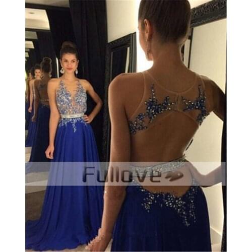 Elegant Royal Blue Rhinestone Beaded A-Line Evening Dresses Long 2019 Backless Crystal Sashes Formal Party Gowns Vestido De Gala