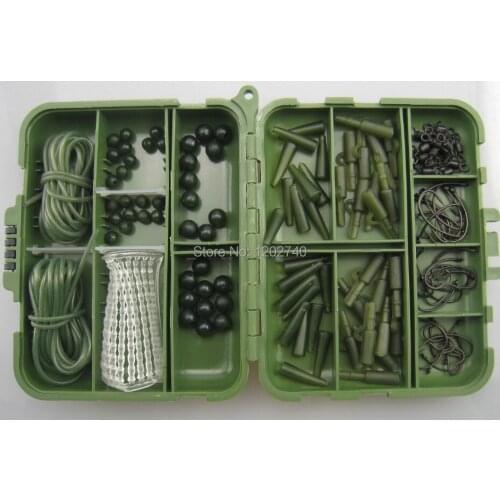 Carp Tackle Box loaded with 232 Carp Hooks, safety lead clips, Rig tubes, Beads, Swivels, Boilie Stop-TB4-C-Thru Green