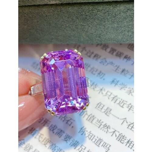 LR Kunzite Ring Fine Jewelry Solid 18K Gold Nature Clean 21ct Kunzite Gemstone Diamond Female Rings for women Fine Ring