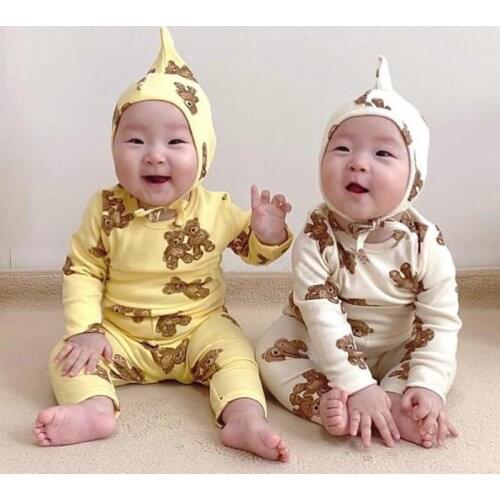 2021 Autumn New Baby Clothes Set Boys And Girls Bear Print Long Sleeve Tops + Pants + Hat 3pcs Toddler Suit Baby Cartoon Outfits