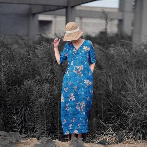 Literature Wind Pure Ramie Printing Self-cultivation Show Lanky Fund In Sleeve Dress Improvement 190728