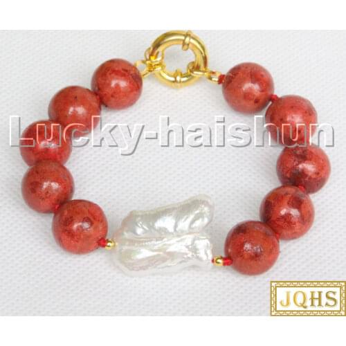AAA natural 8" 14mm round red sponge coral Keshi Pearls Bracelet c226