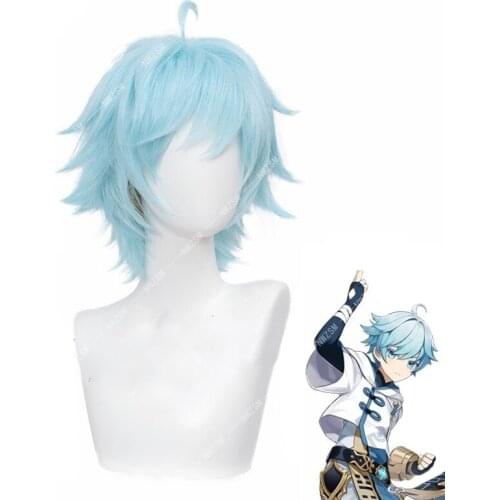 Game Genshin Impact Chongyun Cosplay Wig Chong Yun Light Blue Short Synthetic Hair Halloween Carnival Party Role Play Wigs