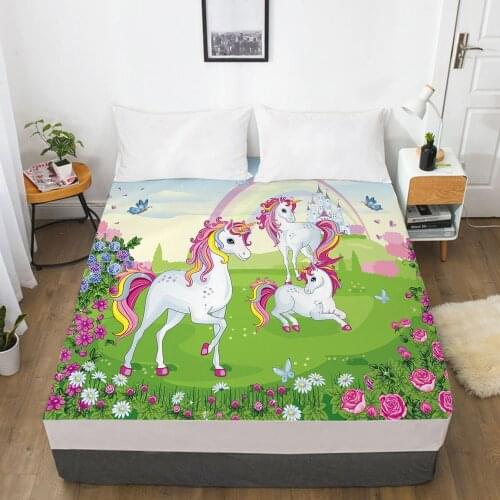 Unicorn Cartoon Fitted Sheets Mattress Cover With Elastic Band 3D Bed Sheet LinensFor Baby Kids Child Girls Boys 90x200 200x200