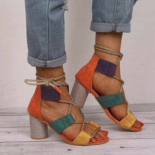 SUNNYS Sandalias Mujer Summer Women Lace Up Color Matching Pointed Fish Mouth Gladiator Sandals Woman Hemp Rope High Heels Shoes