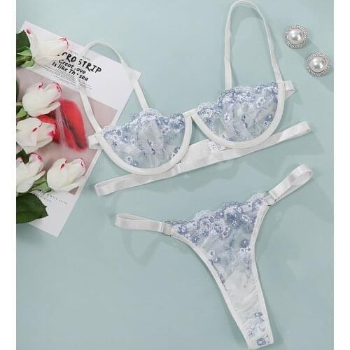 Sexy See-Through Embroidery Lingerie Set for Women Sex Exotic Costume Bobydoll Outfit Lace Bra Thong Temptation Underwear Set