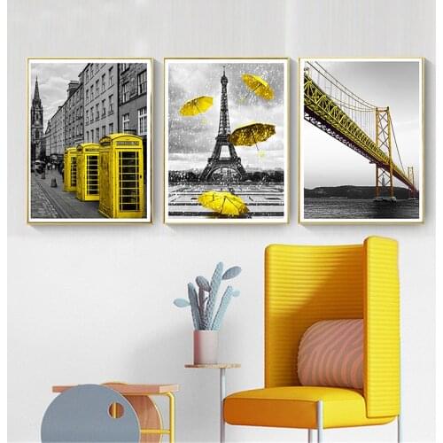 Modern Vintage Poster Printing Black White And Yellow Architectural Canvas Art Painting Living Room Wall Decoration Painting