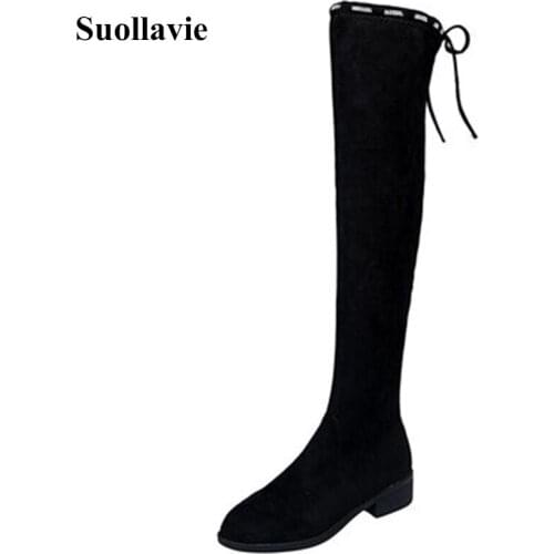 Suollavie Fashion women stocking boots Round toe high heel 2020 shoes for women Over-the-Knee Autumn Flock knight botas de mujer