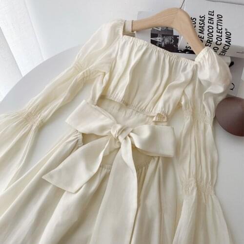 French Evening Party Dresses Women Long Sleeve Bow Design Backless Midi Dress 2021 Autumn Pure Color Dress Korean Fashion Chic