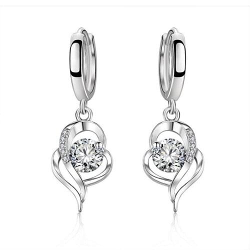 Vintage 925 Sterling Silver Earrings For Women Accessories Fashion Crystal Heart Drop Earring Girls Jewelry Trendy Ear Bijou