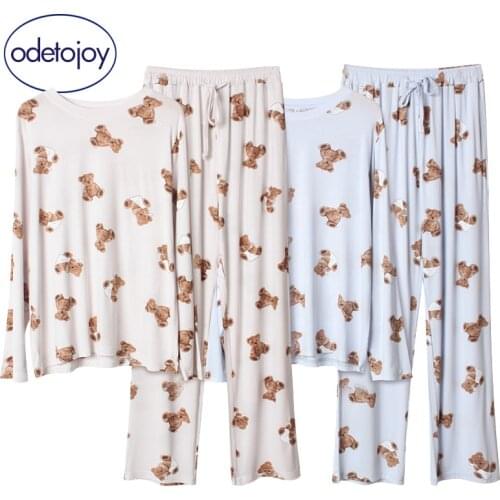 Japanese cloth bag bear cartoon modal pajamas women spring and autumn long-sleeved trousers round neck loose large size home ser