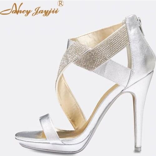 Women Sandals Ladies Ankle-Wrap Party Female Shoes Zipper Crystal Silvery Solid Super High Square Heels Mature Fashion 2019