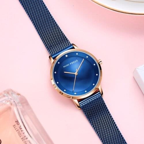 MINI FOCUS Women Watches Top Brand Waterproof Quartz Watch Ladies Dress Watch Women Blue Stainless Steel Mesh Strap Wristwatch