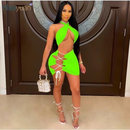 HAOYUAN Two Piece Swimsuit Summer Vacation Outfits for Women Backless Crop Top Bandage Mini Dresses Sexy Beachwear Matching Sets