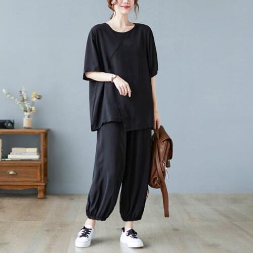 2021 New Arrival Black Fashion Women Clothes Sets Loose Tops Wide Leg Pants 2 Two Piece Summer Set Korea Style Casual Set Suit