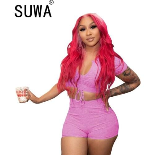 2021 Hot Recommend Style Summer Knitted Jogger Sports Women Two Piece Outfits Short Sleeve Crop Top Biker Shorts Casual Sets